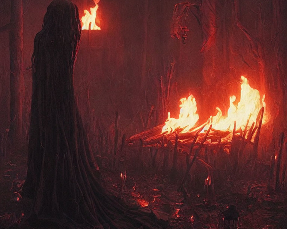 Mysterious Figure by Campfire in Red-lit Forest