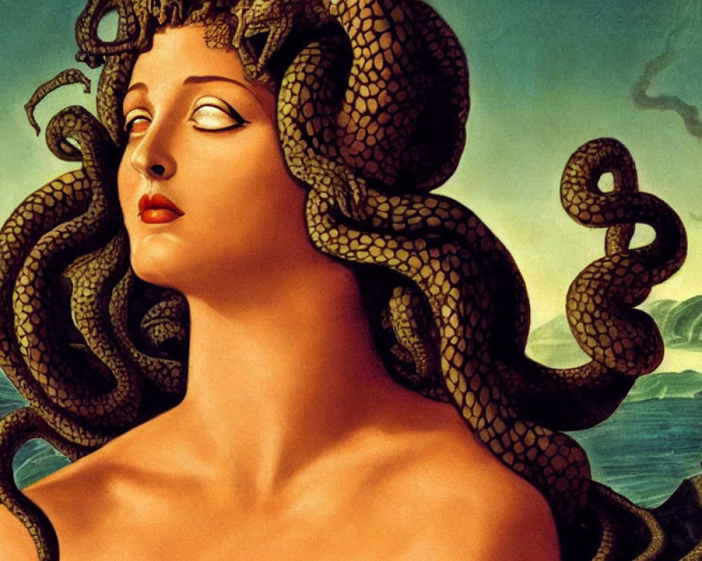 Medusa portrayal with serpentine hair and serene expression against sky and mountains.