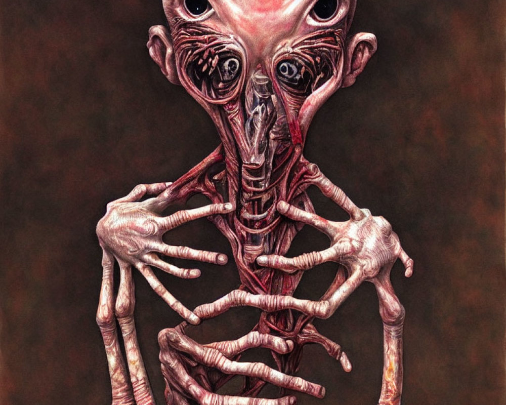 Illustration of skeletal humanoid creature with large eyes and clasped hands