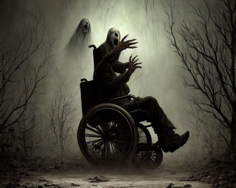 Frightened person in wheelchair with ghostly figures in eerie forest