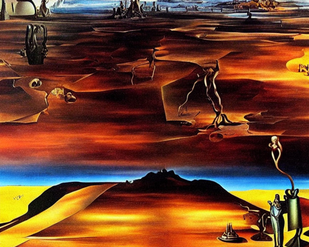 Surreal landscape with melting clocks and distorted figures in barren desert