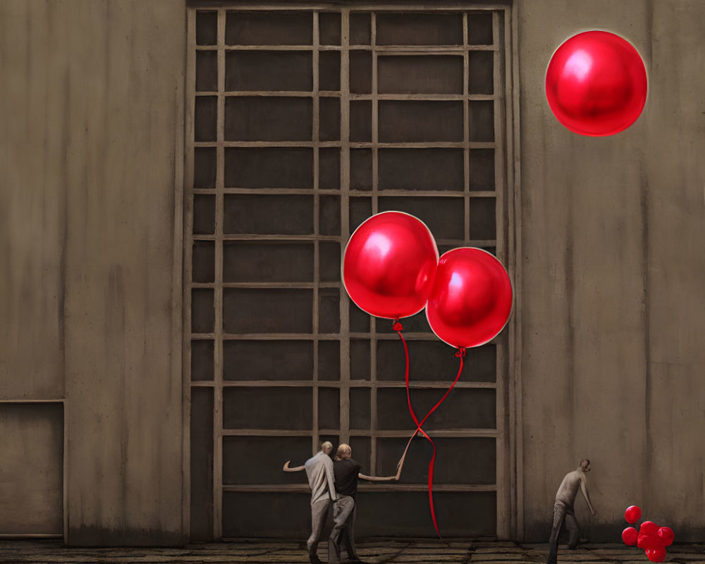 Sepia-Toned Courtyard with Figures and Red Balloons