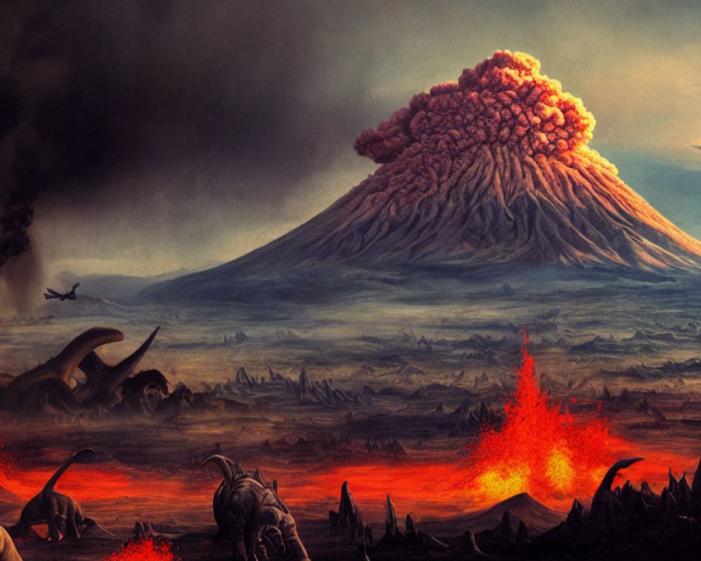 Prehistoric landscape with erupting volcano and dinosaurs amid lava flows