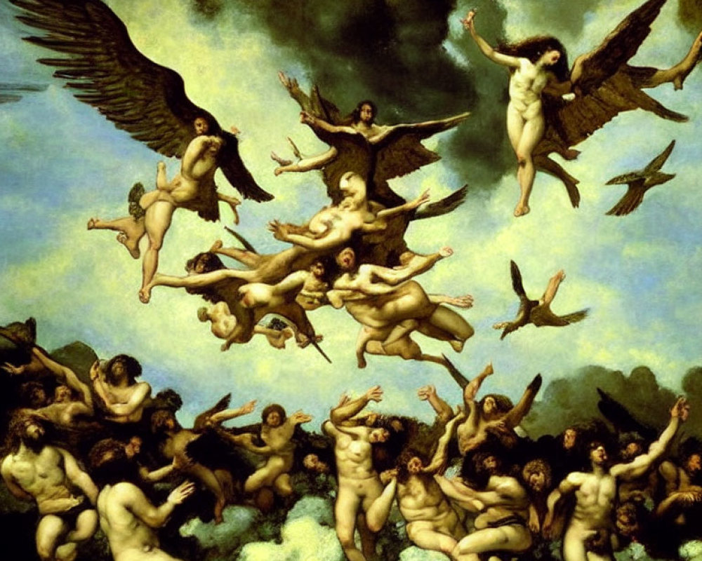 Classic painting featuring nude figures with wings in celestial setting