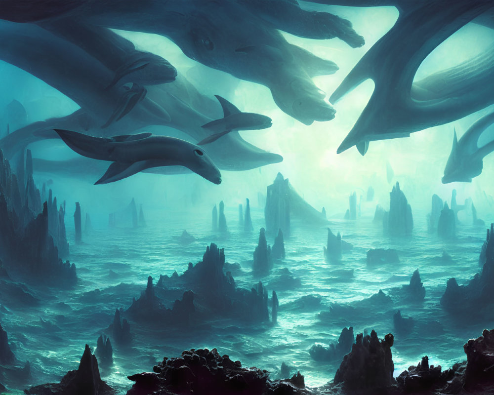 Underwater Scene: Dolphin-like Creatures & Rock Formations