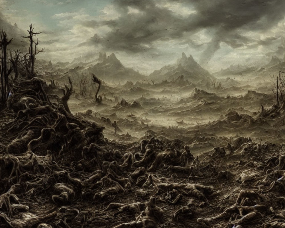 Desolate landscape with dead trees, tangled roots, and scattered bones