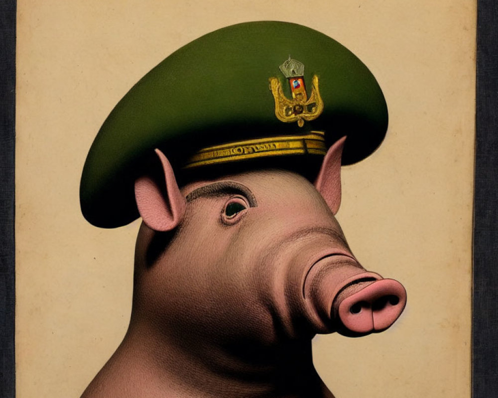 Pig in Green Beret with Badge on Beige Background