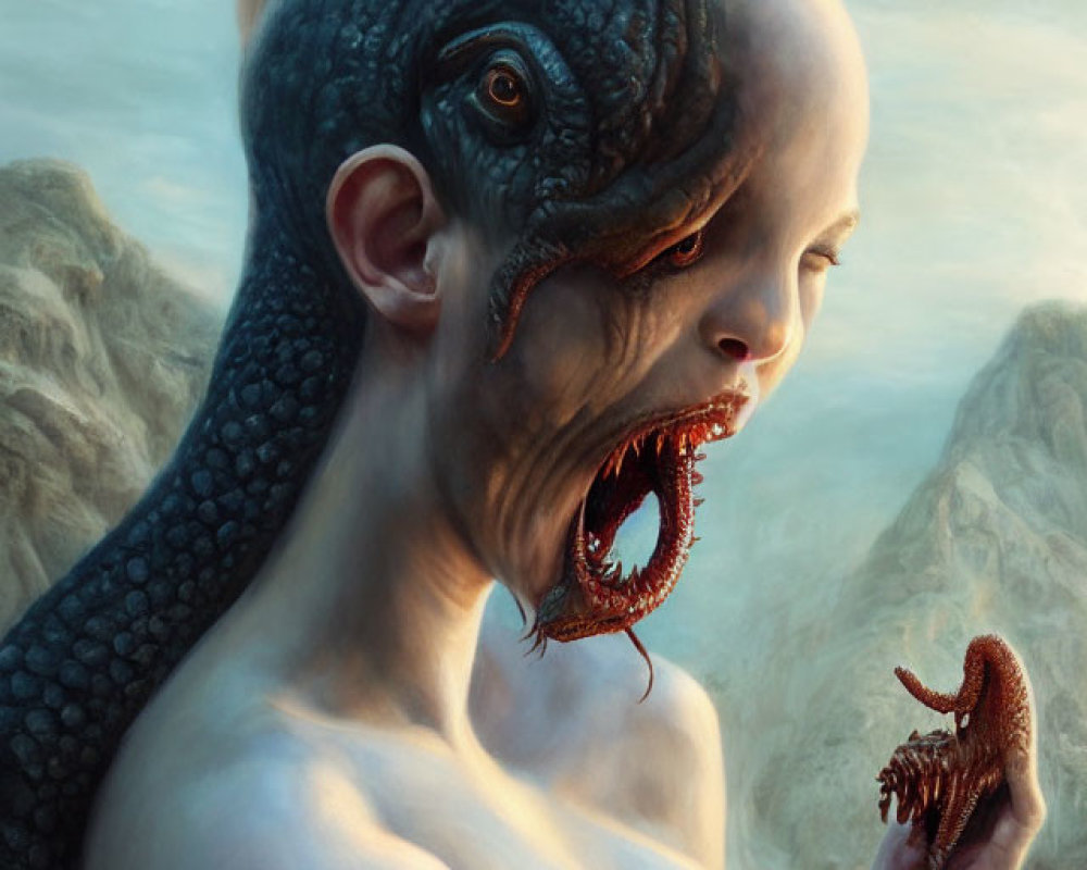 Surreal painting of woman with snake-like creatures in misty landscape