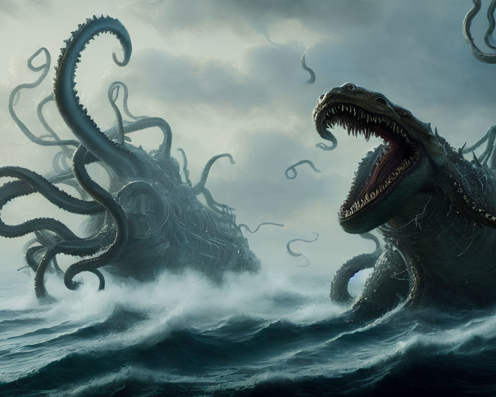 Monstrous sea creatures attacking ship in stormy ocean