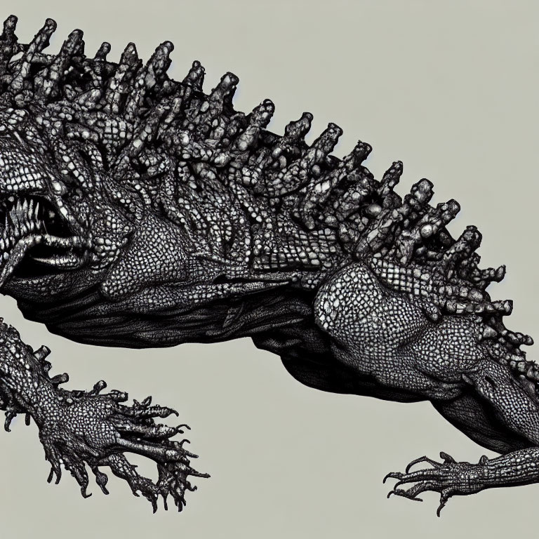 Detailed monochromatic illustration of fantastical creature with intricate scales and spiky protrusions