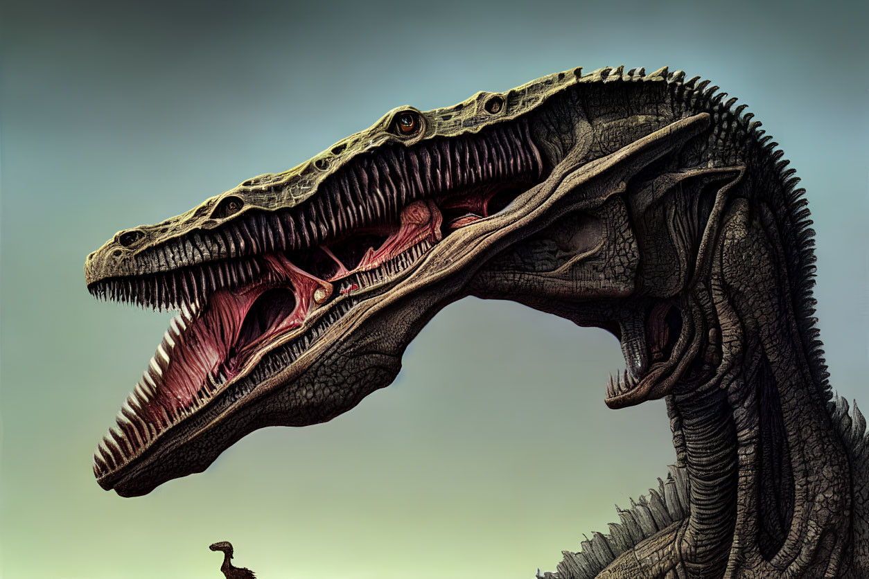 Realistic dinosaur head with open mouth and sharp teeth on gradient sky backdrop