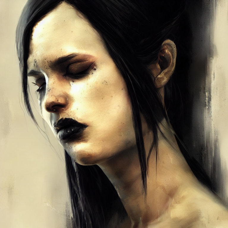 Digital painting of woman with pale skin and dark lips in somber setting