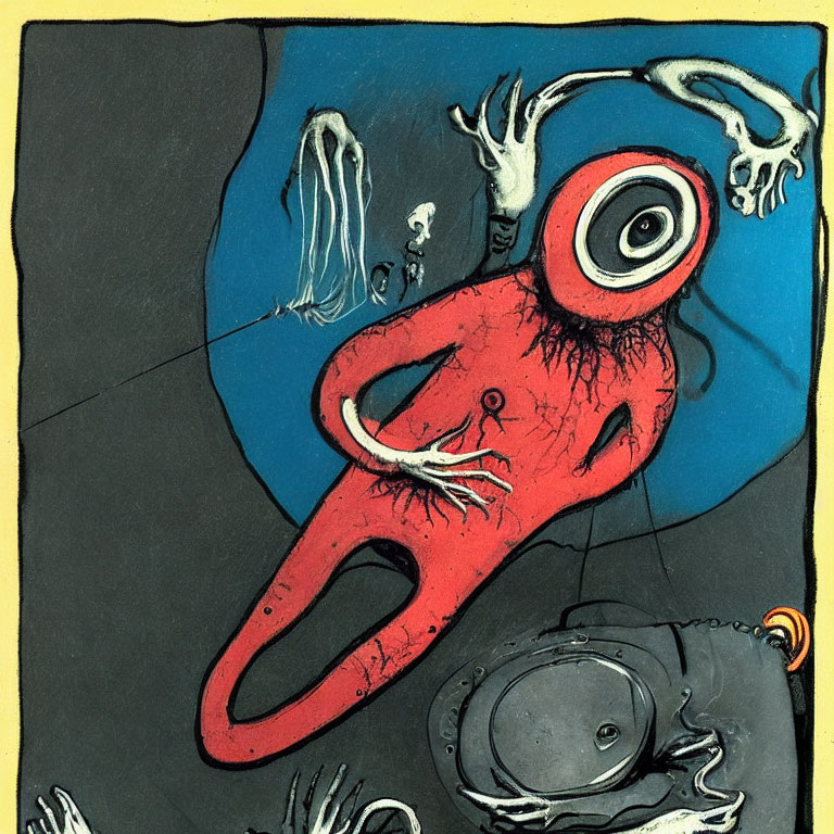 Surreal red creature with large eye and white hands in submarine-themed artwork