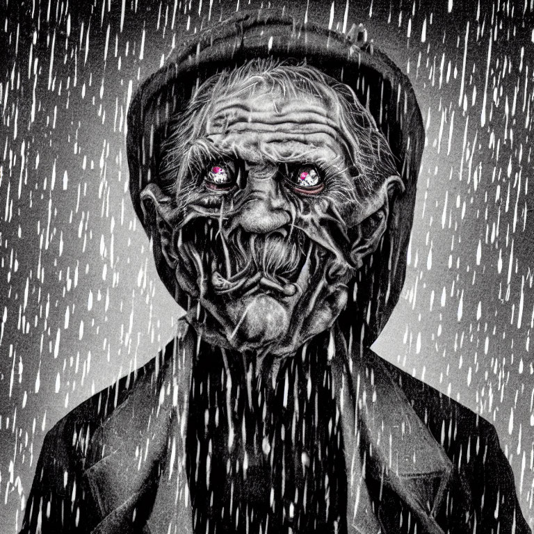 Monochrome image of elderly person with wrinkles and red eyes in rain