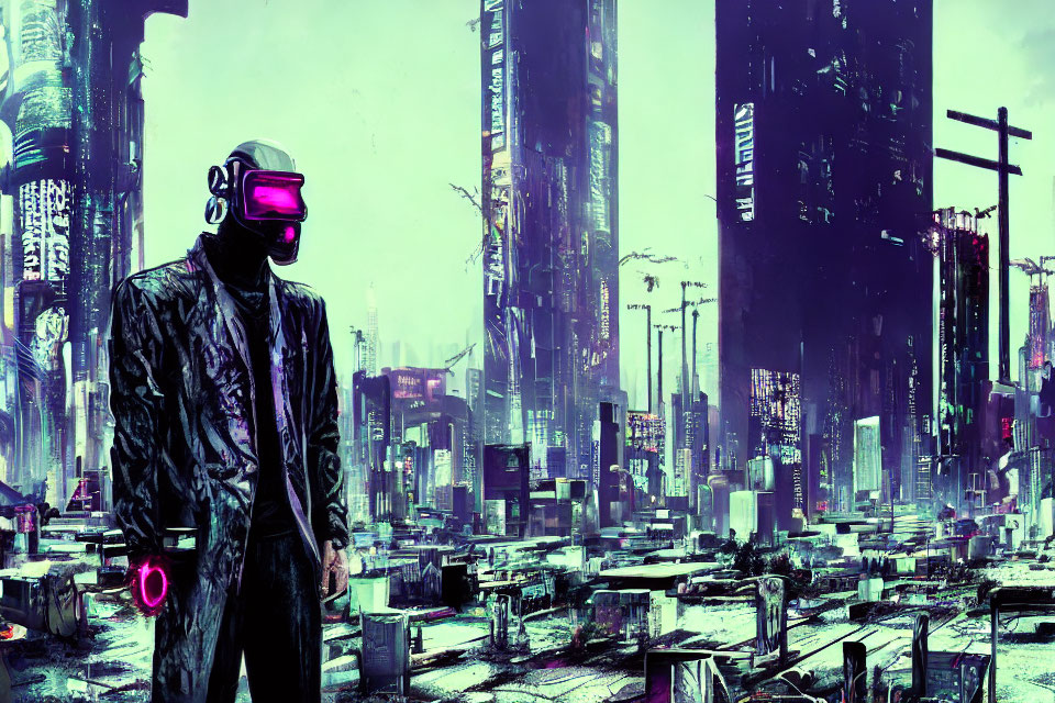 Futuristic figure in cyberpunk cityscape with neon lights