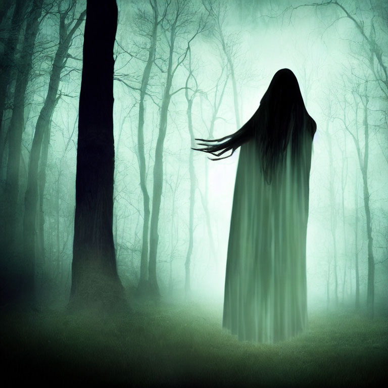 Mysterious figure with long hair in misty forest landscape