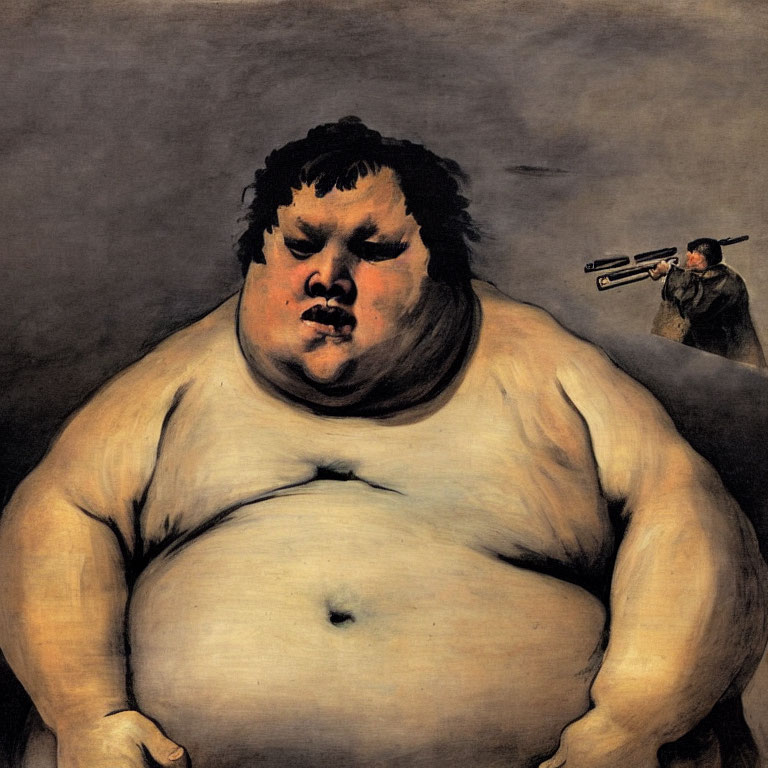 Overweight man with grim expression targeted by blowpipe in painting