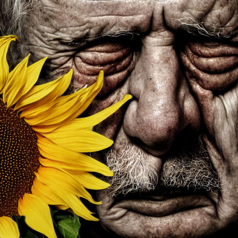 Elderly person with wrinkled skin and white mustache beside yellow sunflower