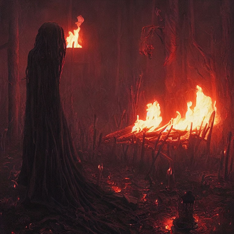 Mysterious Figure by Campfire in Red-lit Forest