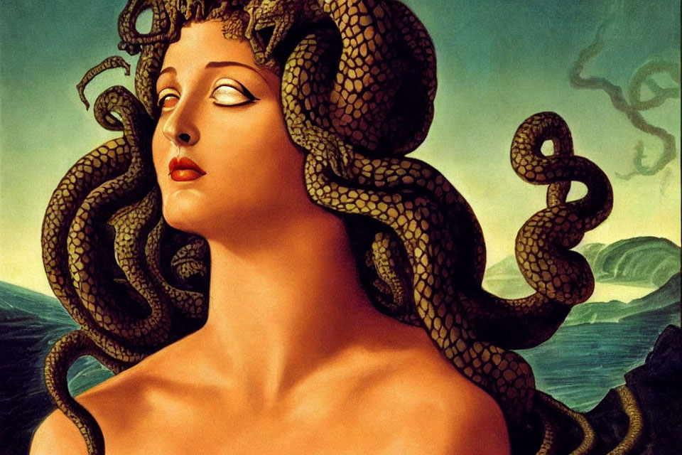 Medusa portrayal with serpentine hair and serene expression against sky and mountains.