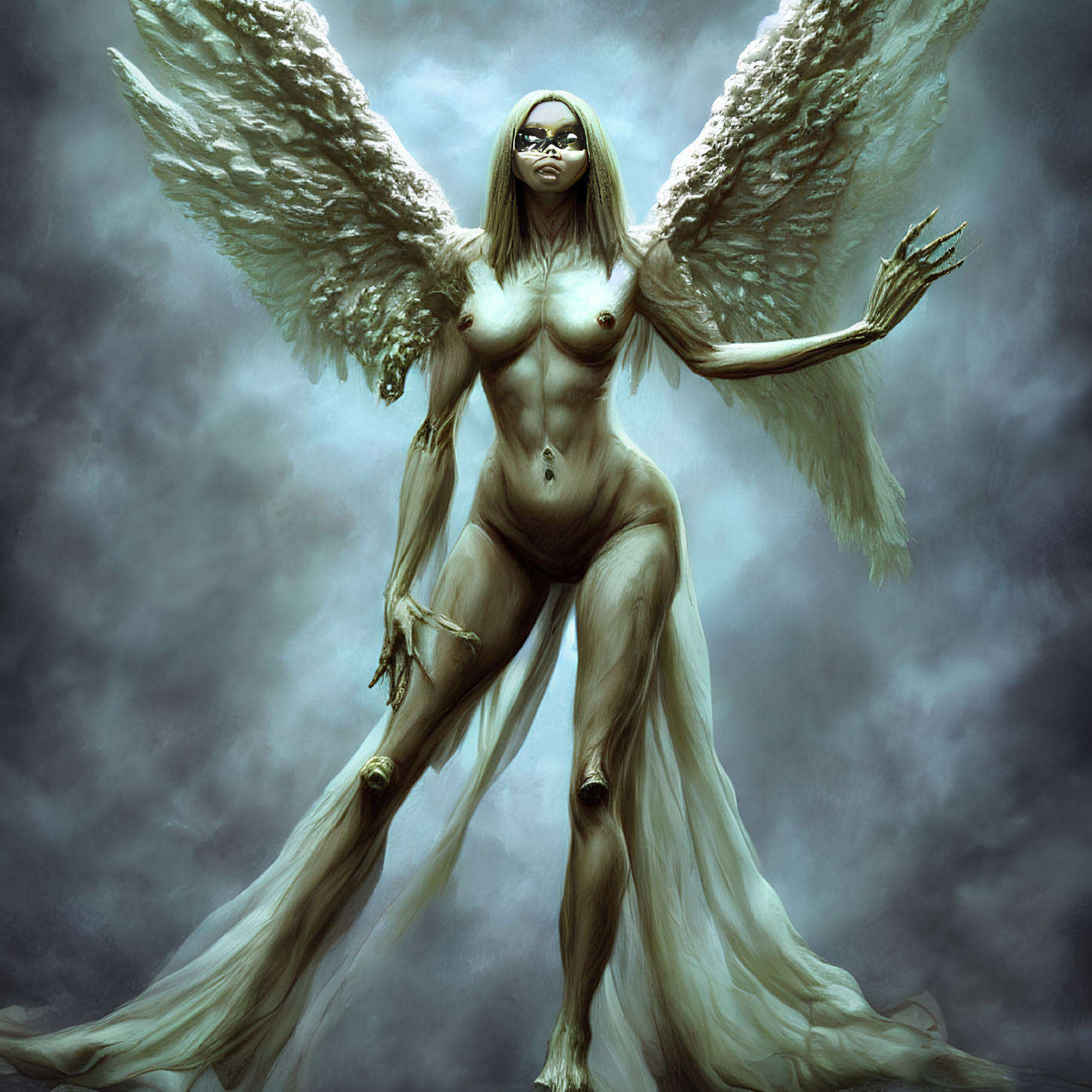 Mythical angelic figure with white wings in stormy sky