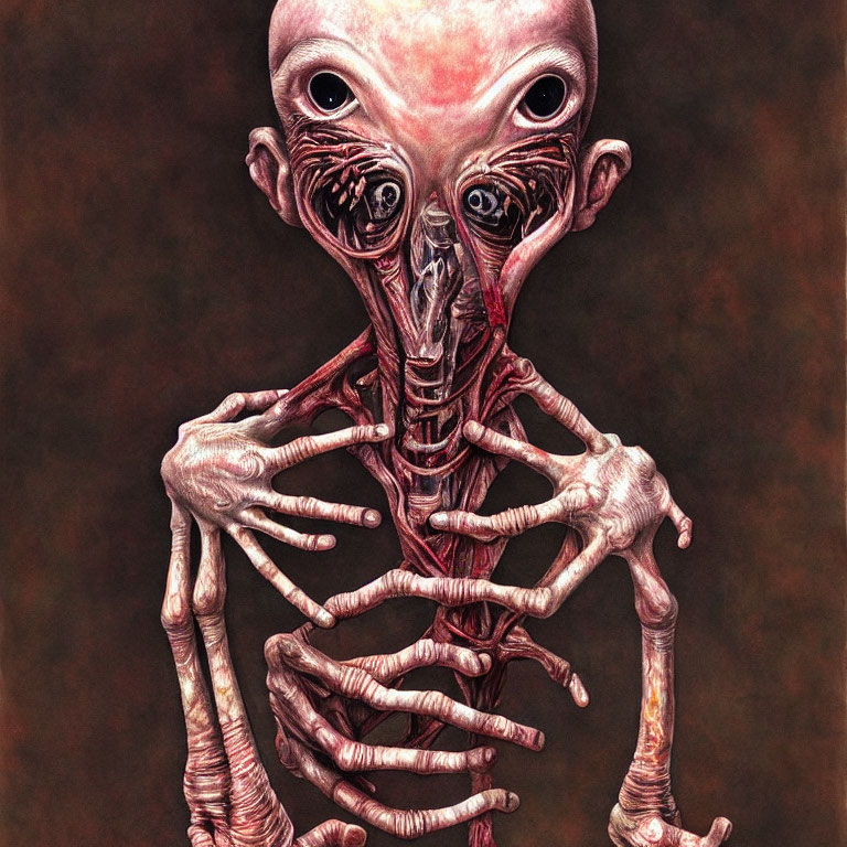 Illustration of skeletal humanoid creature with large eyes and clasped hands