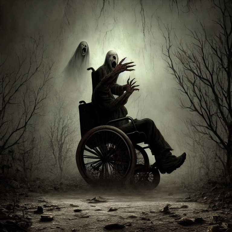 Frightened person in wheelchair with ghostly figures in eerie forest