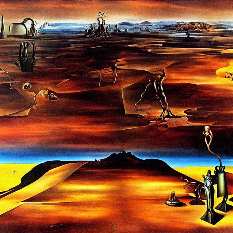 Surreal landscape with melting clocks and distorted figures in barren desert