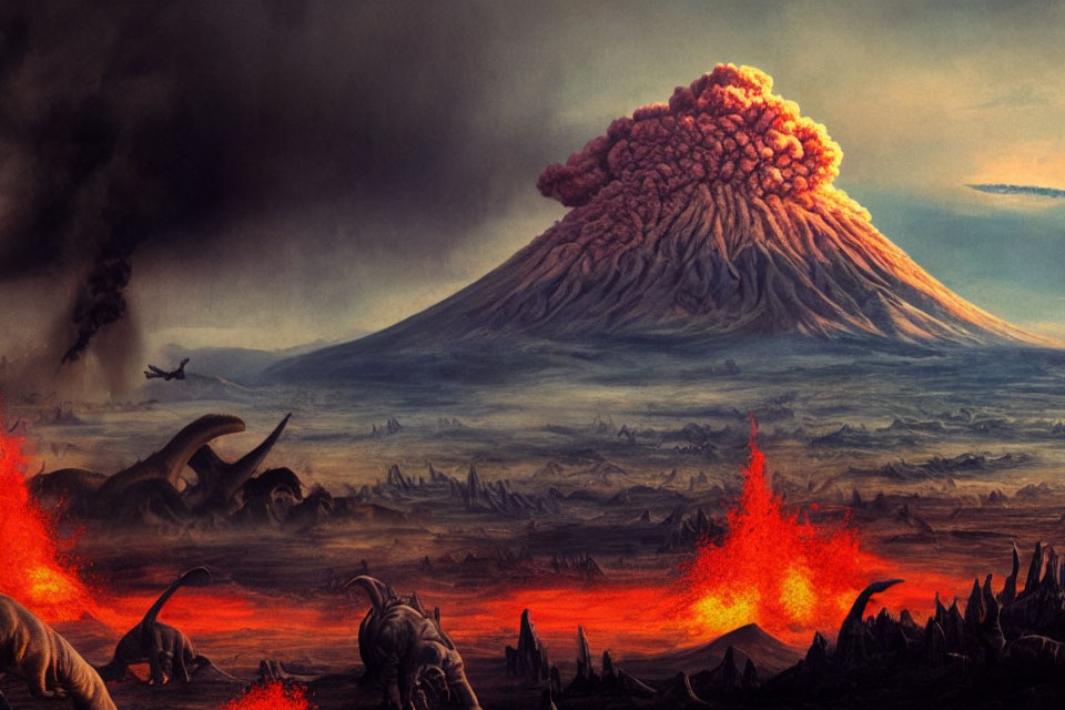 Prehistoric landscape with erupting volcano and dinosaurs amid lava flows