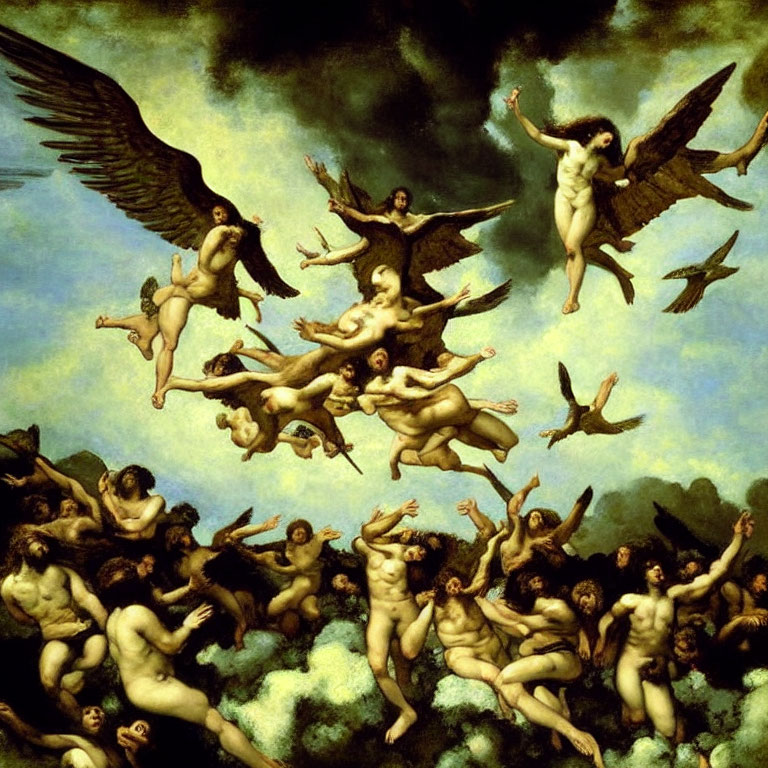 Classic painting featuring nude figures with wings in celestial setting