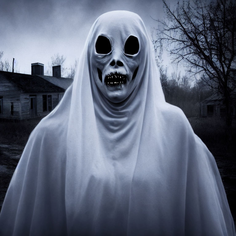 Ghostly figure with white sheet and black hollow eyes in desolate landscape