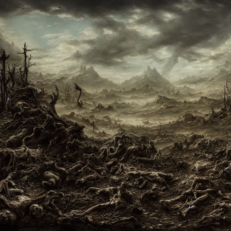 Desolate landscape with dead trees, tangled roots, and scattered bones