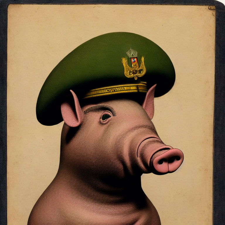 Pig in Green Beret with Badge on Beige Background