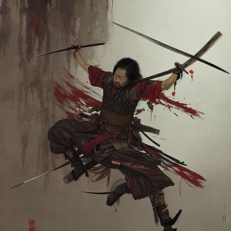 Dynamic Samurai Artwork Featuring Dual Swords in Fierce Battle