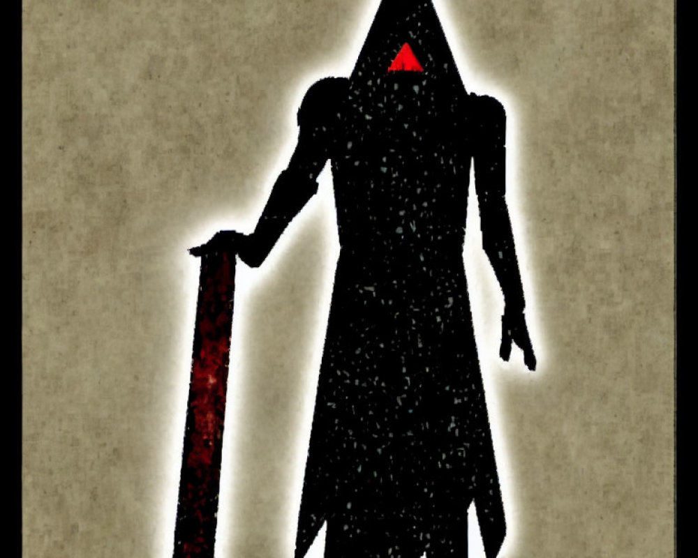 Mysterious figure with glowing sword and red triangle symbol on beige background