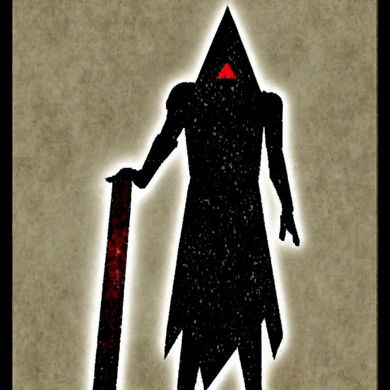 Mysterious figure with glowing sword and red triangle symbol on beige background