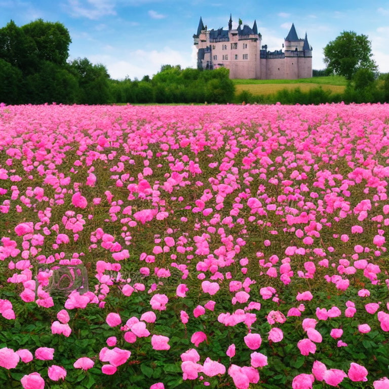 Majestic castle and vibrant pink flowers under blue sky