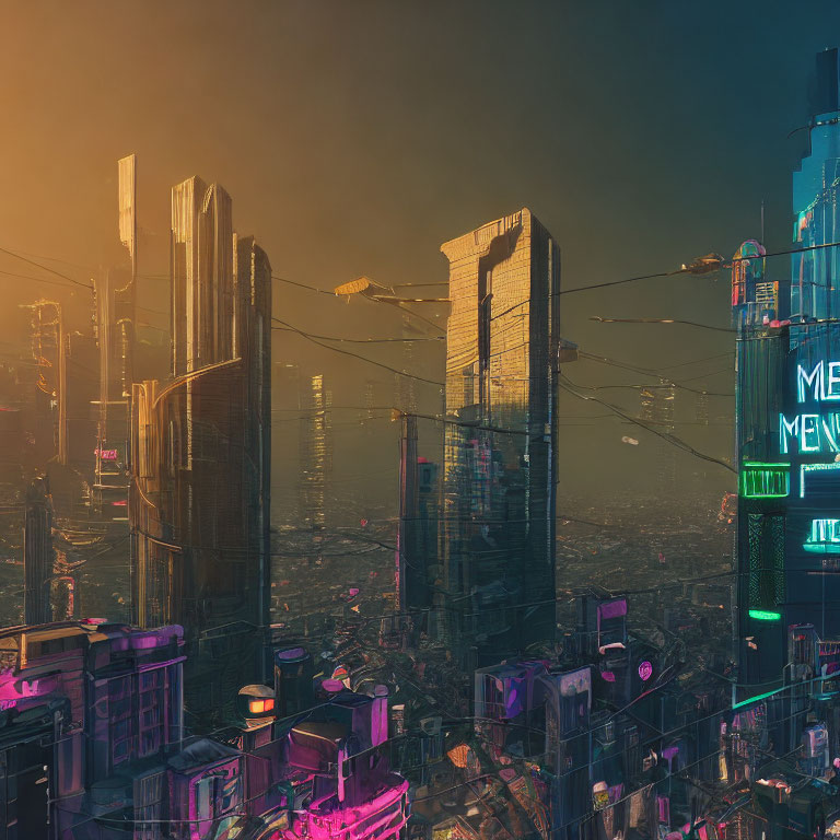 Neon-lit dystopian cityscape with towering skyscrapers at dusk