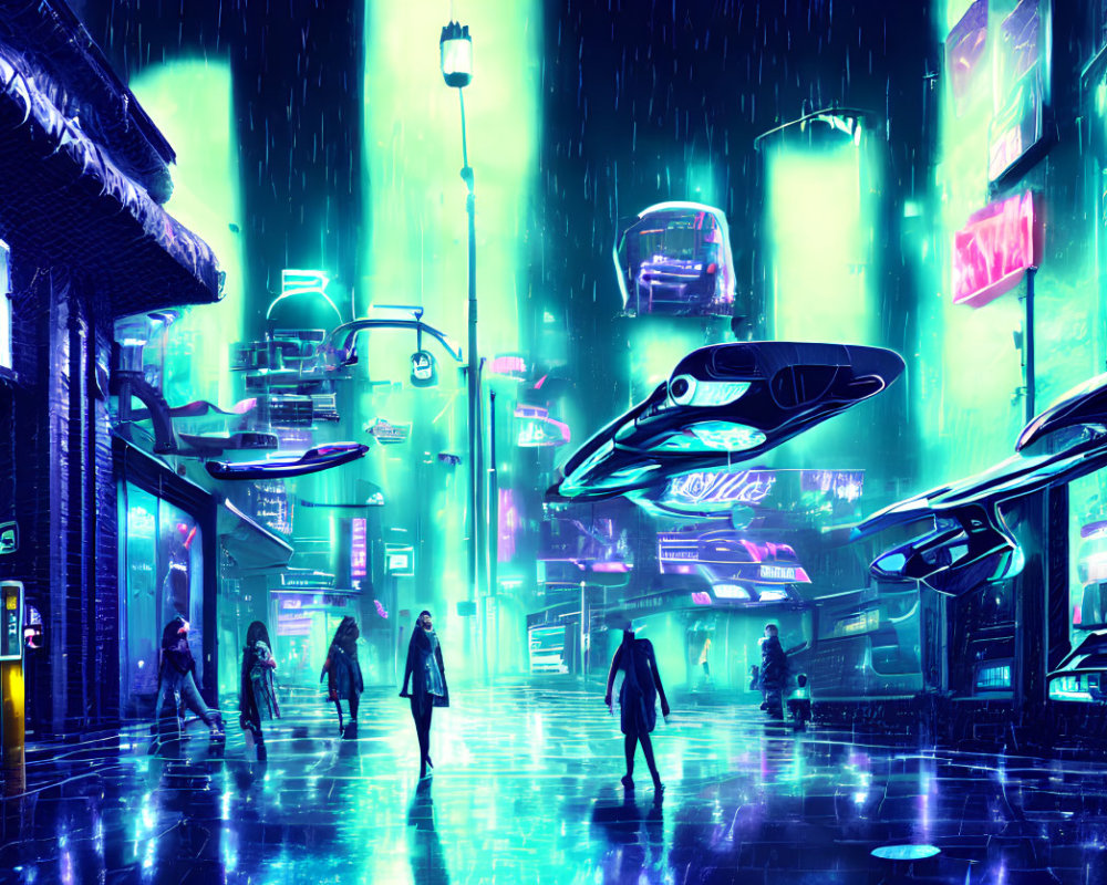 Nighttime cyberpunk cityscape with neon signs, flying vehicles, and rain-soaked pedestrians