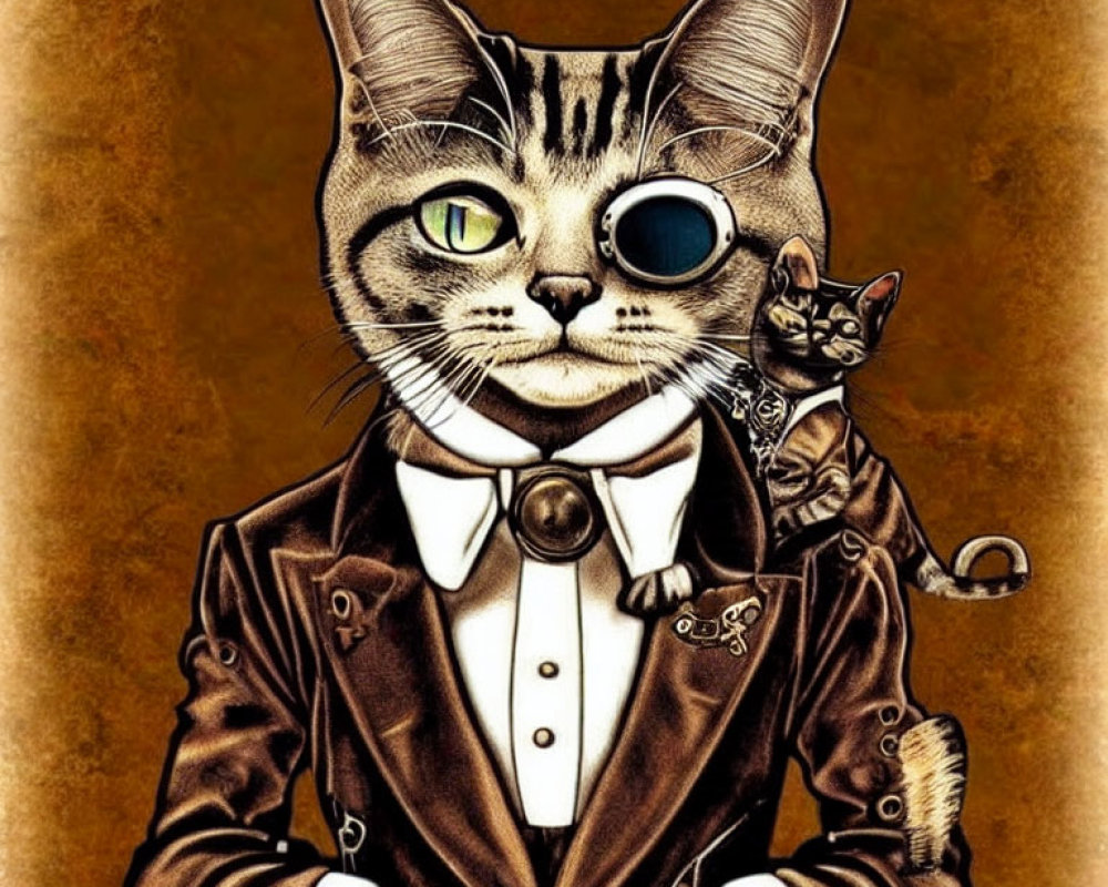 Feline in monocle and tuxedo with smaller cat on shoulder against golden backdrop