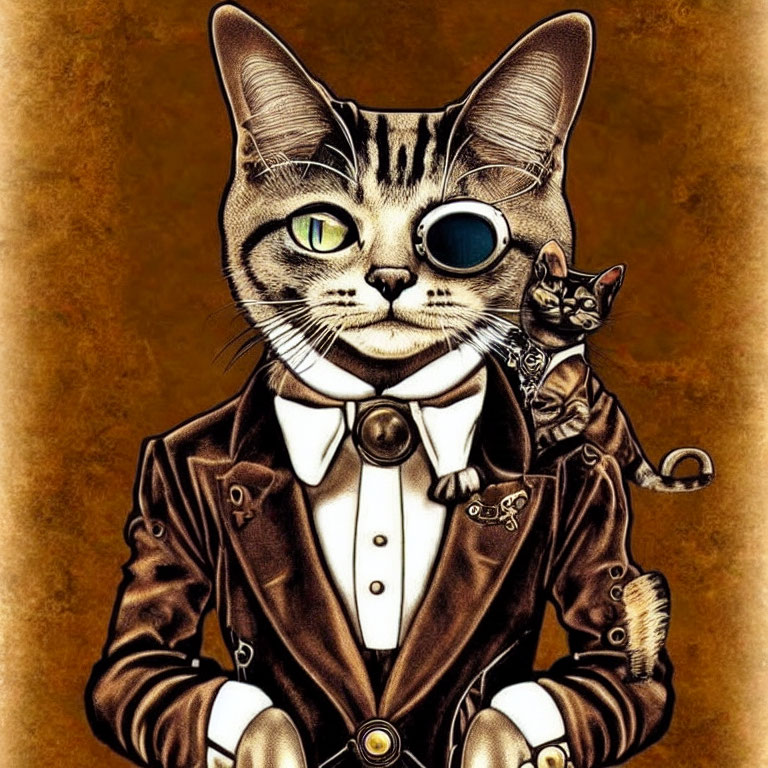 Feline in monocle and tuxedo with smaller cat on shoulder against golden backdrop