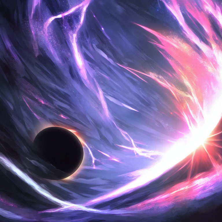 Celestial scene: Black sphere eclipses radiant star amidst cosmic clouds & aurora energy