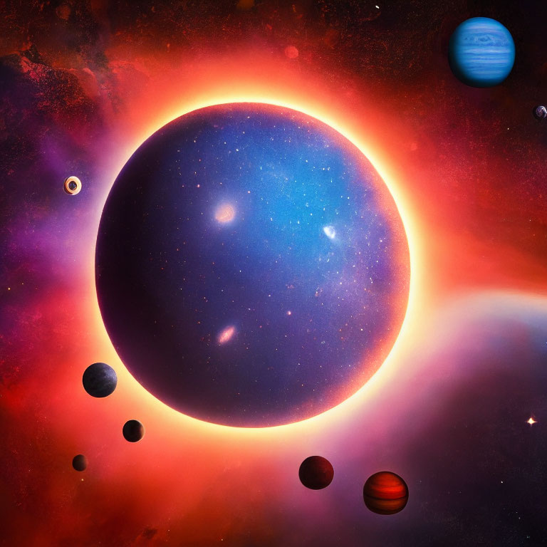 Vibrant cosmic scene with planets, sun, and nebula featuring Jupiter-like planet