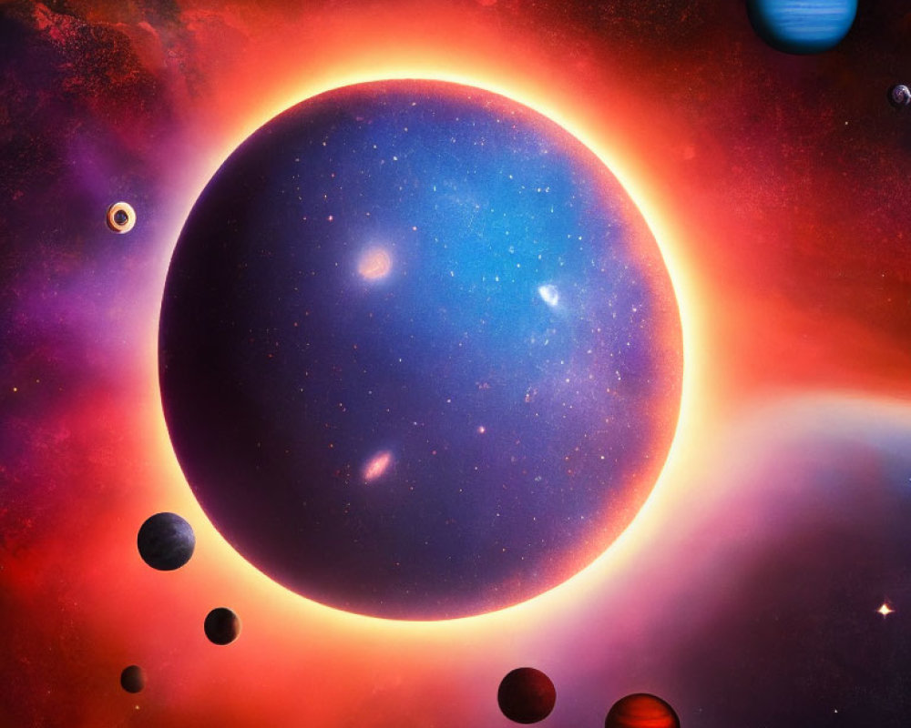 Vibrant cosmic scene with planets, sun, and nebula featuring Jupiter-like planet