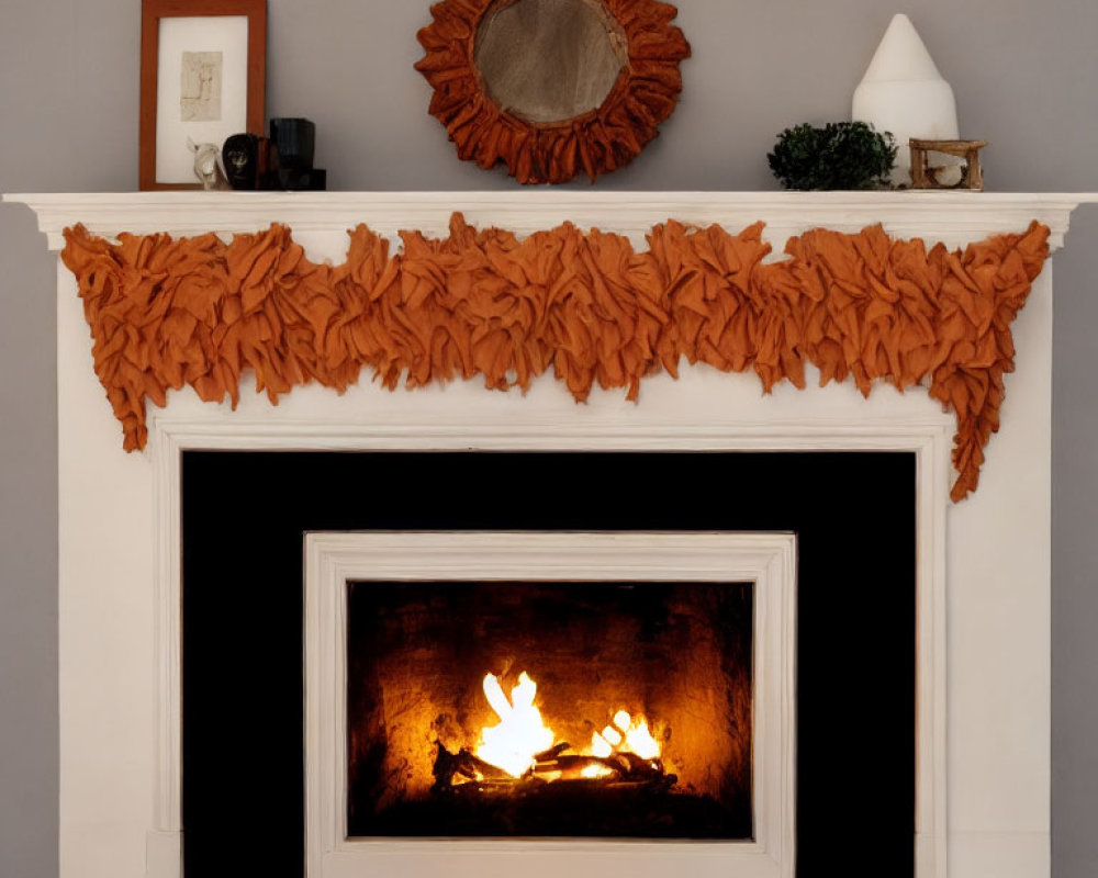 Warm Fireplace with White Mantelpiece and Autumn Decor