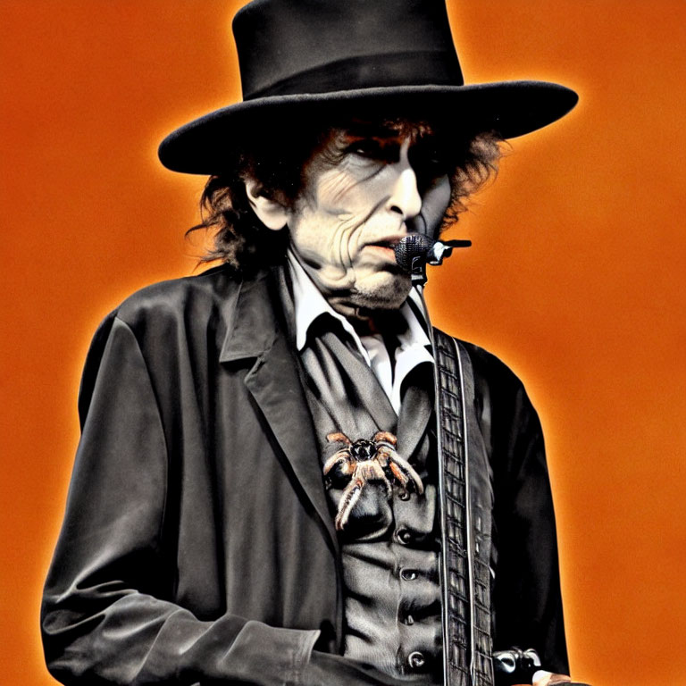 Person in Black Suit and Hat with Harmonica Brace on Orange Background