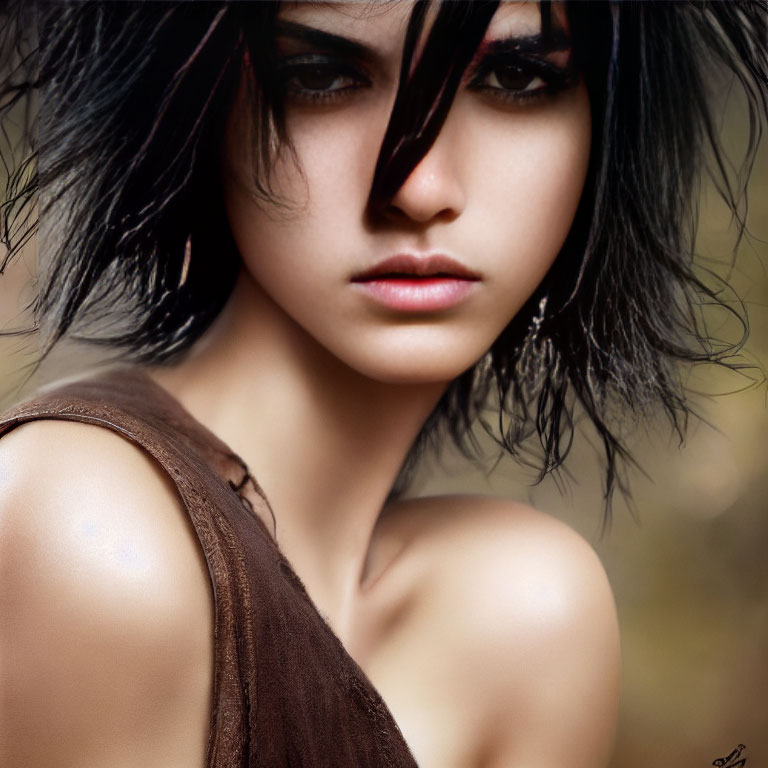 Striking dark eye makeup on person with tousled black hair in brown top