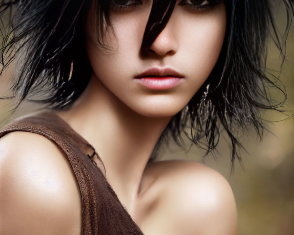 Striking dark eye makeup on person with tousled black hair in brown top