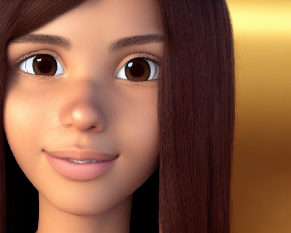 Brown-haired female character with large eyes and subtle smile in 3D illustration on golden backdrop