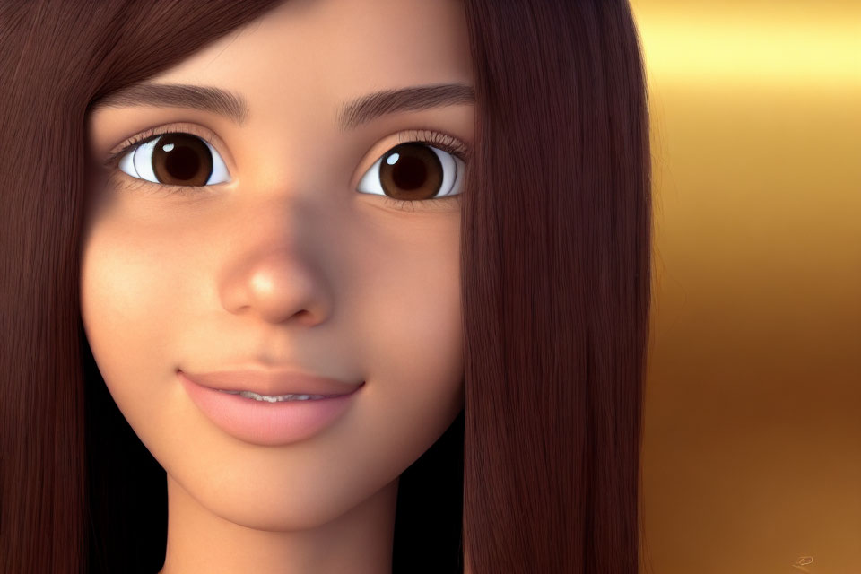 Brown-haired female character with large eyes and subtle smile in 3D illustration on golden backdrop